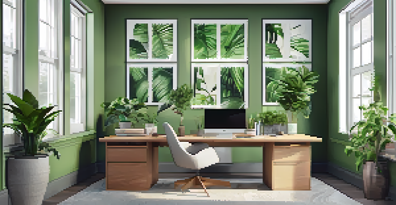 A serene home office with a desk decorated with various plants, including a snake plant and peace lily, illuminated by natural light from a window.
