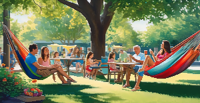 A multi-generational family enjoying a sunny day outdoors with children playing and adults relaxing in a garden setting.