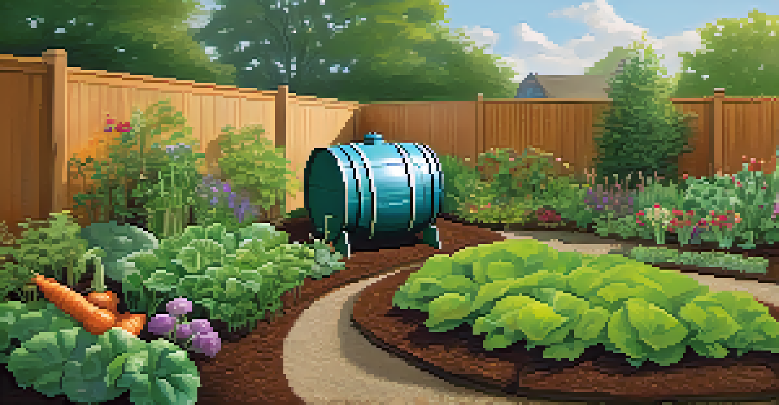 A rainwater collection barrel beside a thriving vegetable patch, surrounded by lush plants and organic mulch.