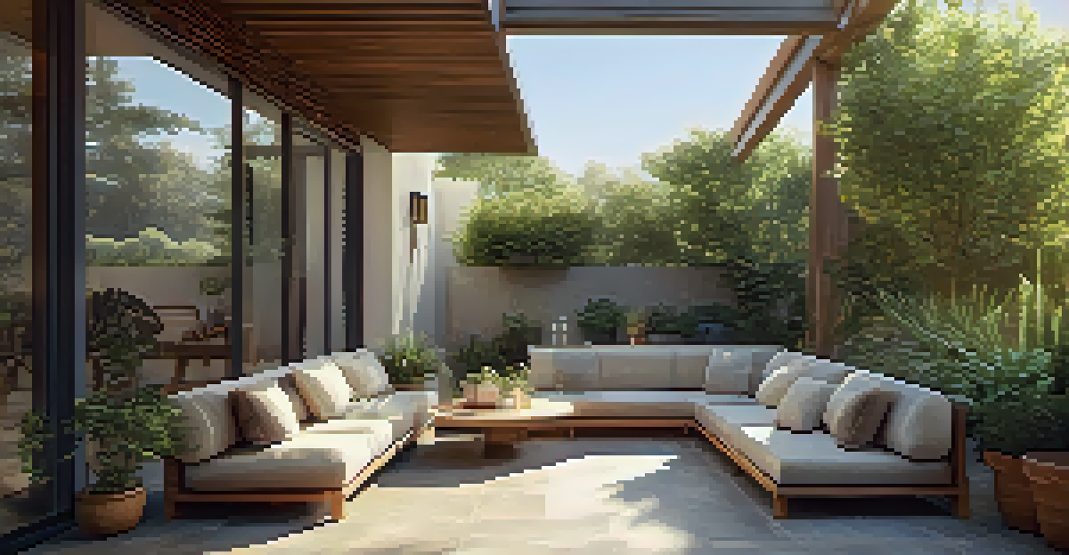 A cozy outdoor patio with sunlight filtering through trees, featuring comfortable seating and lush greenery.
