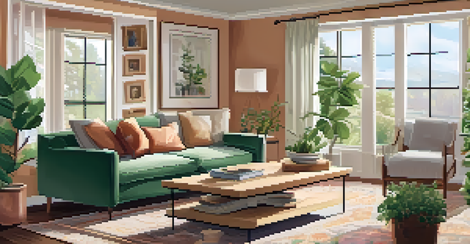 A warm and inviting living room with a sofa, coffee table, and natural light from a window, decorated with family photos and a plant.