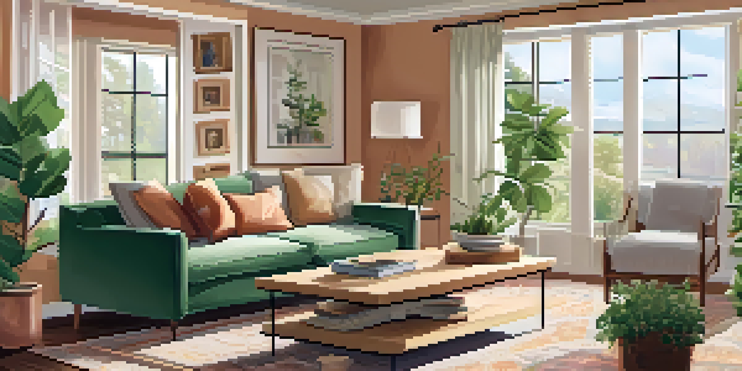 A warm and inviting living room with a sofa, coffee table, and natural light from a window, decorated with family photos and a plant.