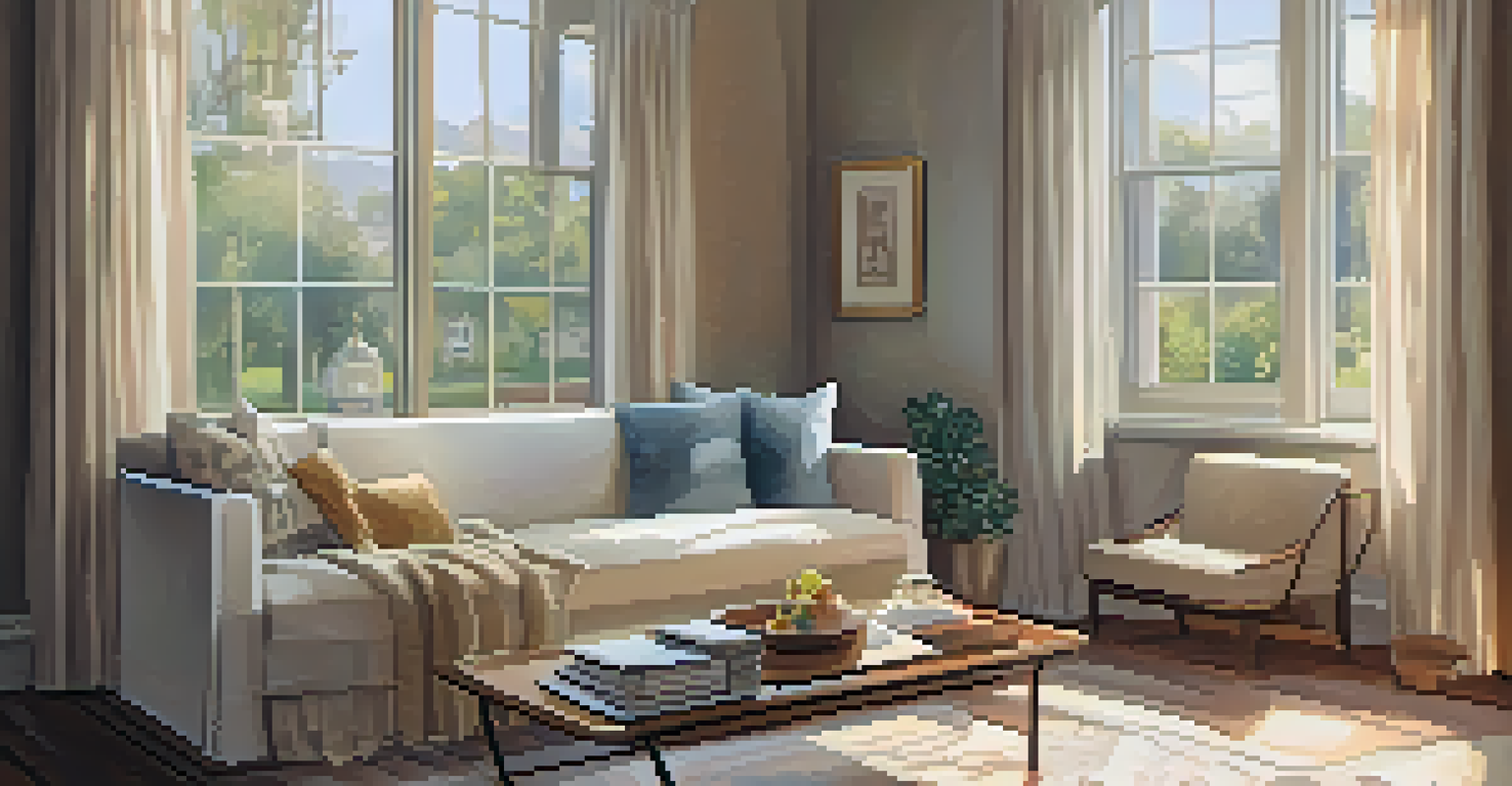 A cozy living room with a comfortable sofa, a coffee table, and soft morning light filtering through sheer curtains.