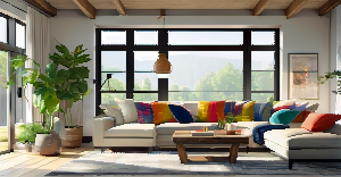 A modern living room with a beige sofa, colorful cushions, a wooden coffee table, and large windows letting in sunlight.