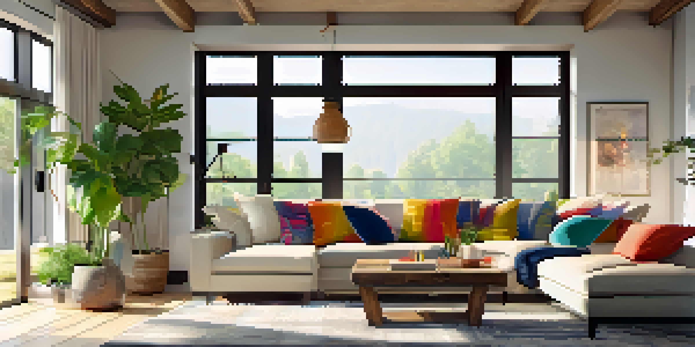 A modern living room with a beige sofa, colorful cushions, a wooden coffee table, and large windows letting in sunlight.