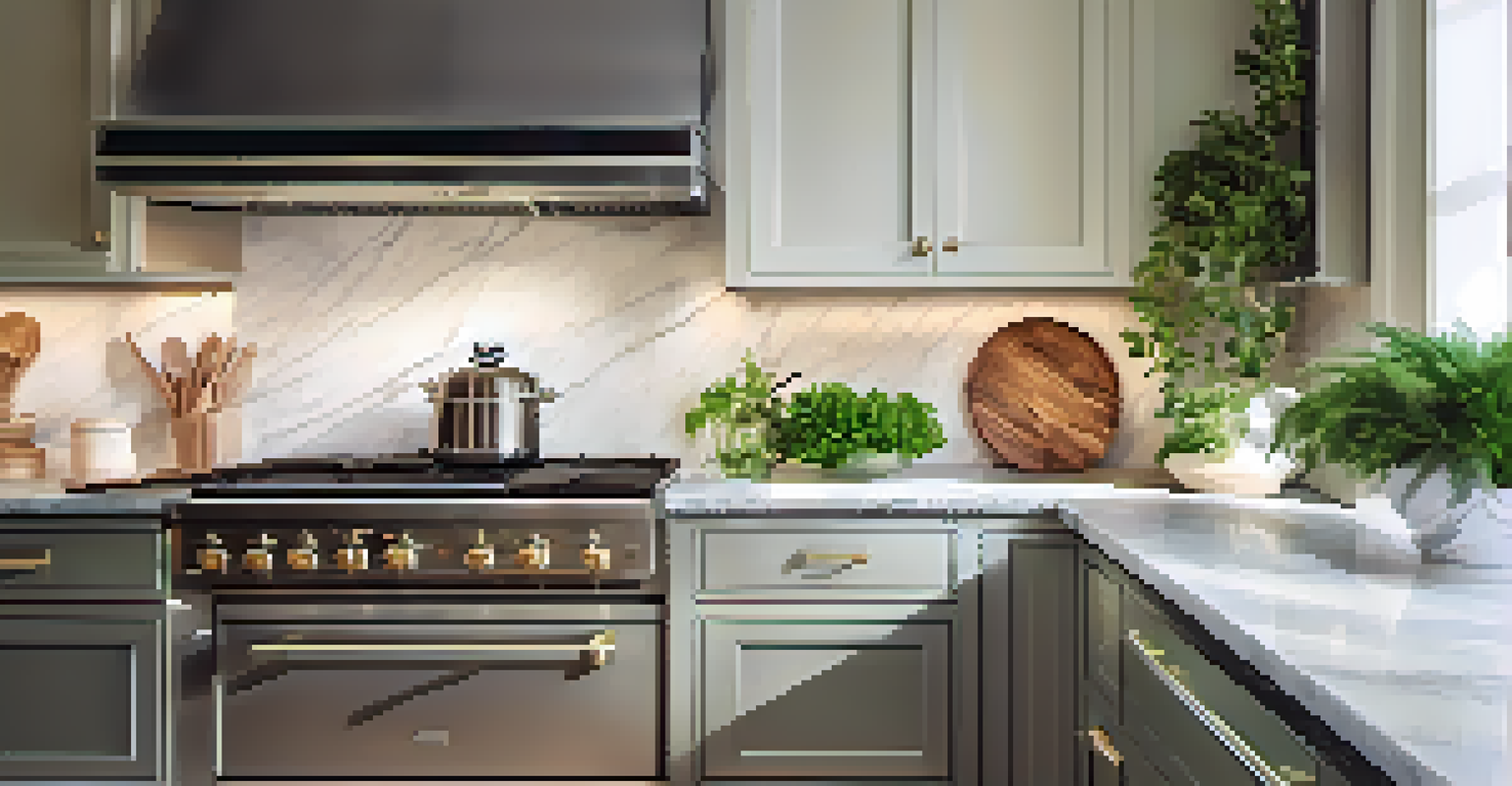 A close-up view of a modern, renovated kitchen with marble countertops and stainless steel appliances.