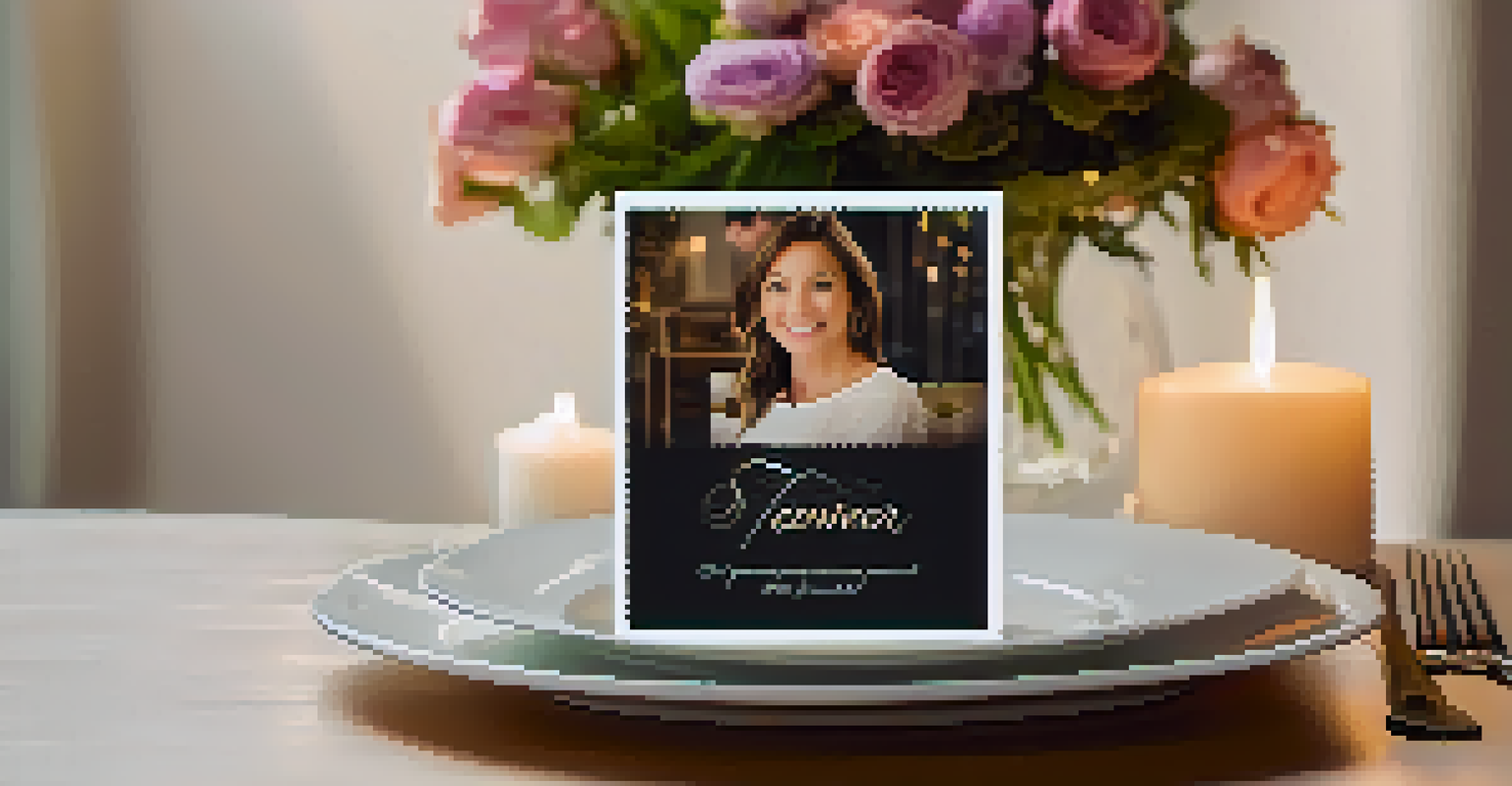 A testimonial card on a dining table, surrounded by flowers and candles, highlighting client feedback.