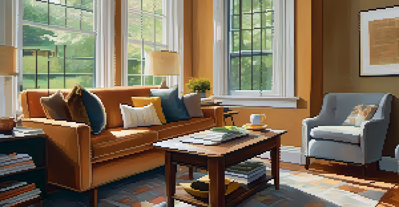A bright and cozy living room with a sofa and financial documents on the coffee table, symbolizing financial planning.