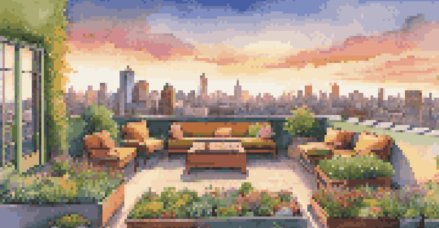 A rooftop garden with colorful flowers and succulents, overlooking a city skyline at sunset.