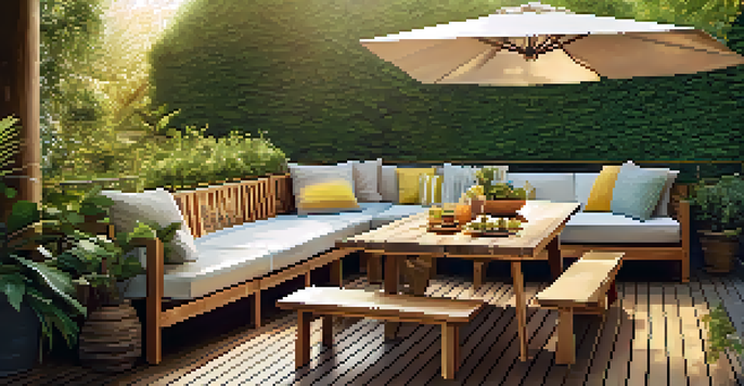 A comfortable outdoor deck with benches and a dining table, illuminated by soft golden sunlight.