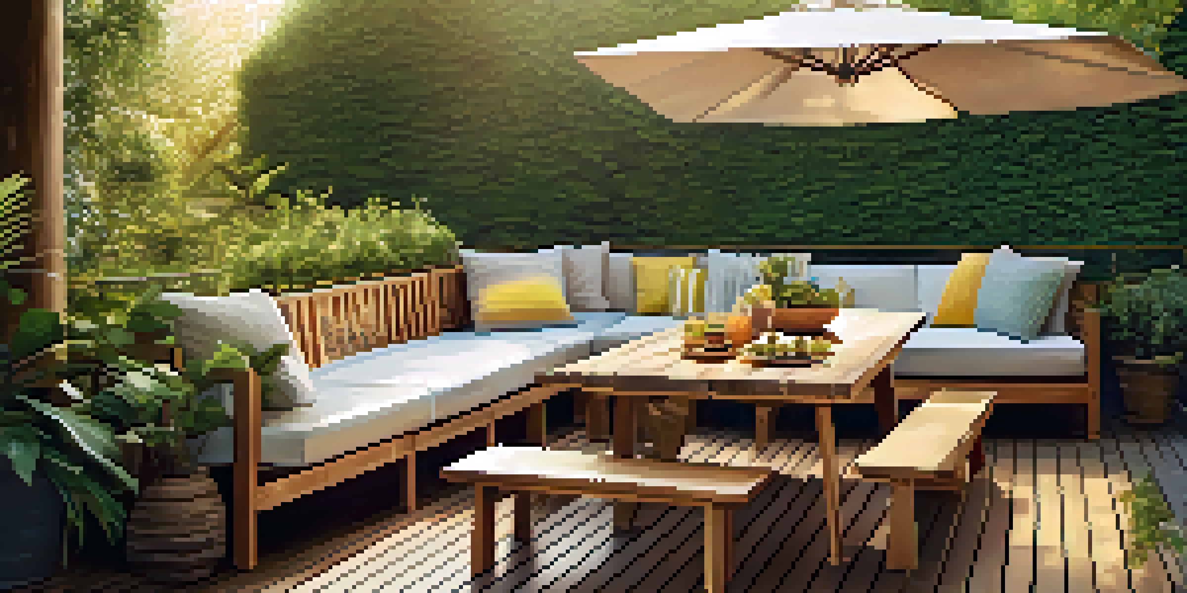 A comfortable outdoor deck with benches and a dining table, illuminated by soft golden sunlight.