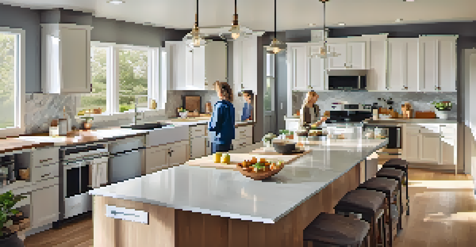 A modern kitchen designed for multi-generational living, featuring an open layout with family members cooking together.