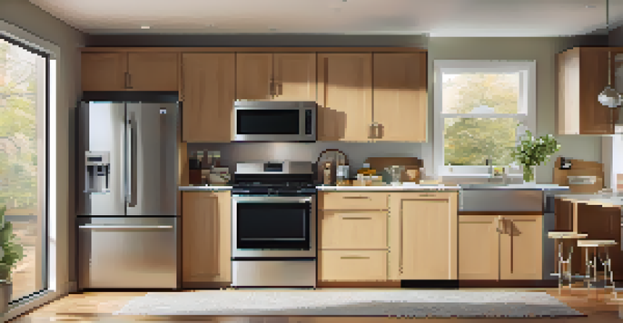 A modern kitchen with energy-efficient appliances including a refrigerator, dishwasher, and washing machine, illuminated by natural light.