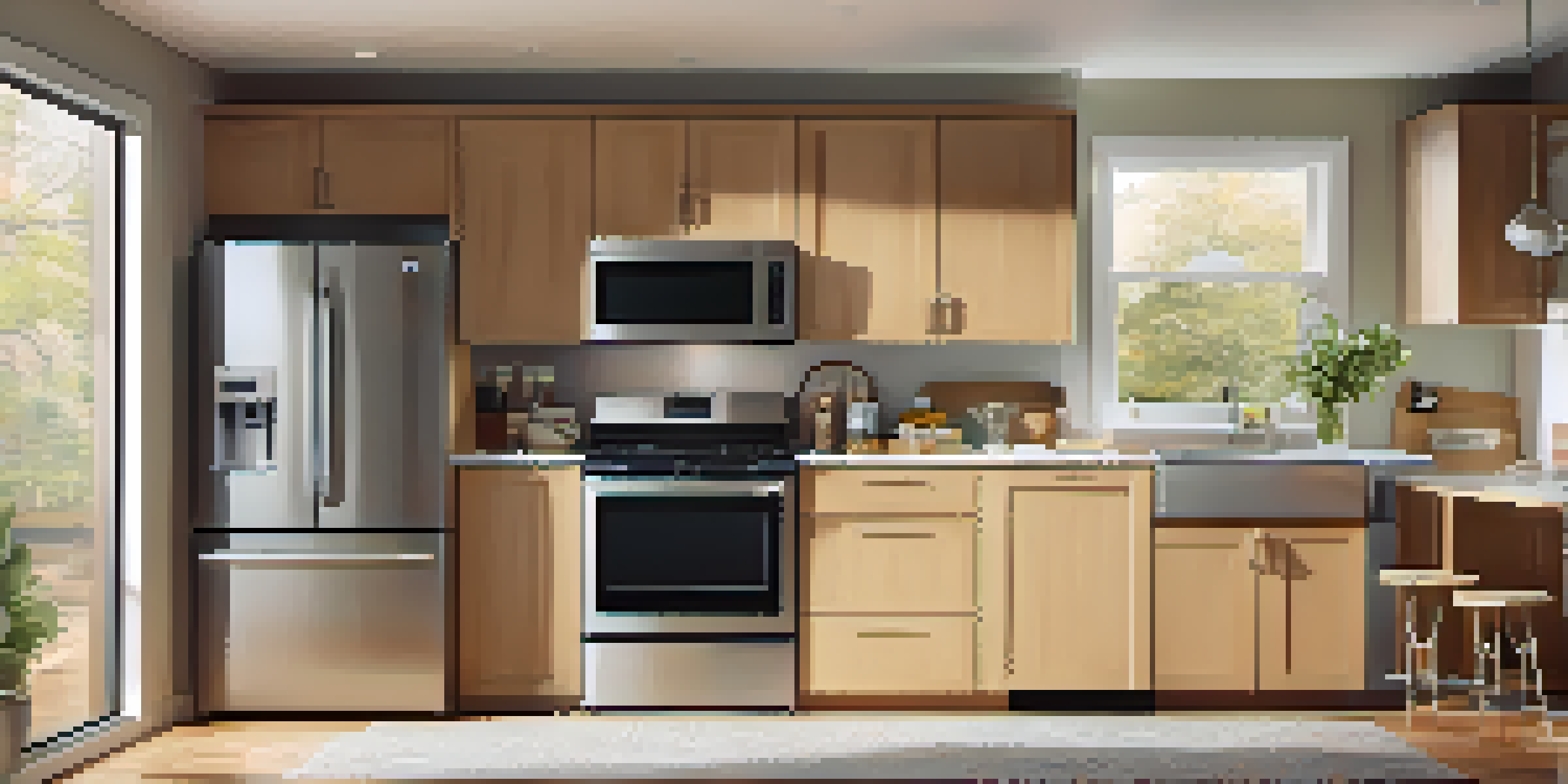 A modern kitchen with energy-efficient appliances including a refrigerator, dishwasher, and washing machine, illuminated by natural light.
