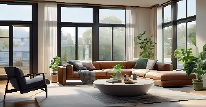 A modern living room with smart home technology, showcasing a smart thermostat and energy-efficient lighting, filled with natural sunlight.