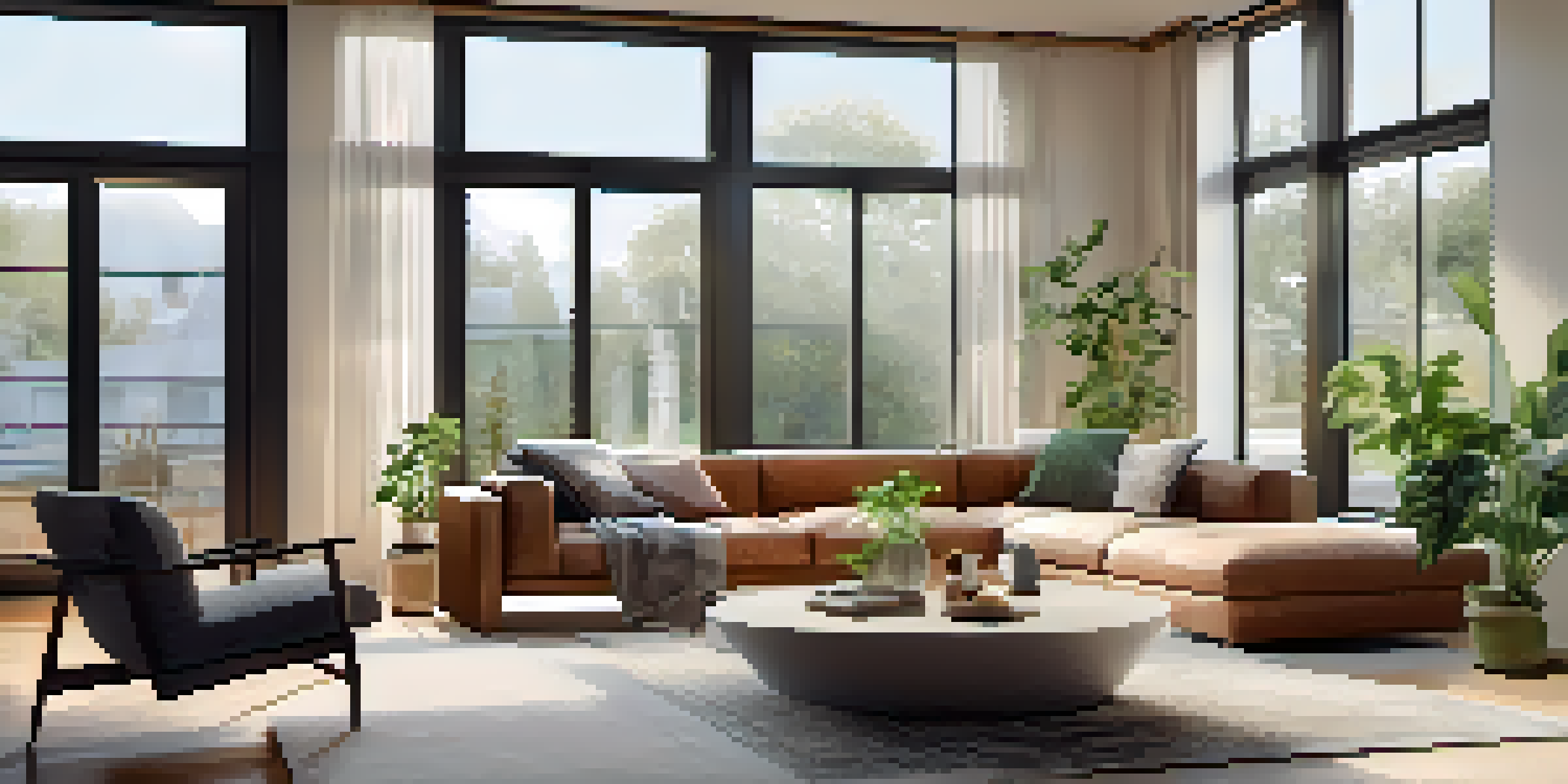 A modern living room with smart home technology, showcasing a smart thermostat and energy-efficient lighting, filled with natural sunlight.