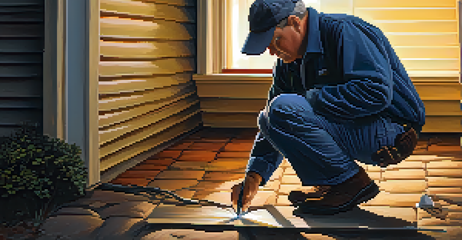 A home inspector examining a house's foundation with a flashlight in warm golden hour light.