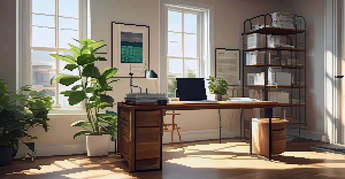 A bright office with a wooden desk, laptop, paperwork, and a potted plant illuminated by natural light from a window.