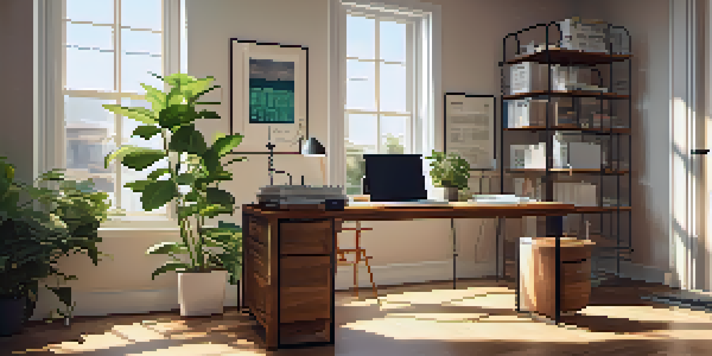 A bright office with a wooden desk, laptop, paperwork, and a potted plant illuminated by natural light from a window.