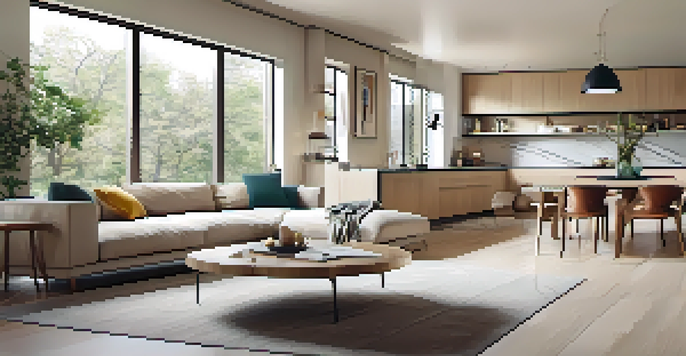 A bright modern living space with an open floor plan, including a cozy sofa, a dining table, and a sleek kitchen all in neutral tones.