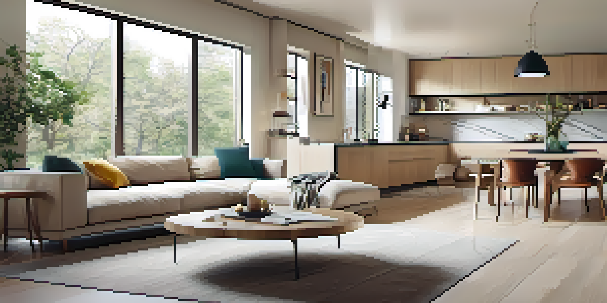 A bright modern living space with an open floor plan, including a cozy sofa, a dining table, and a sleek kitchen all in neutral tones.