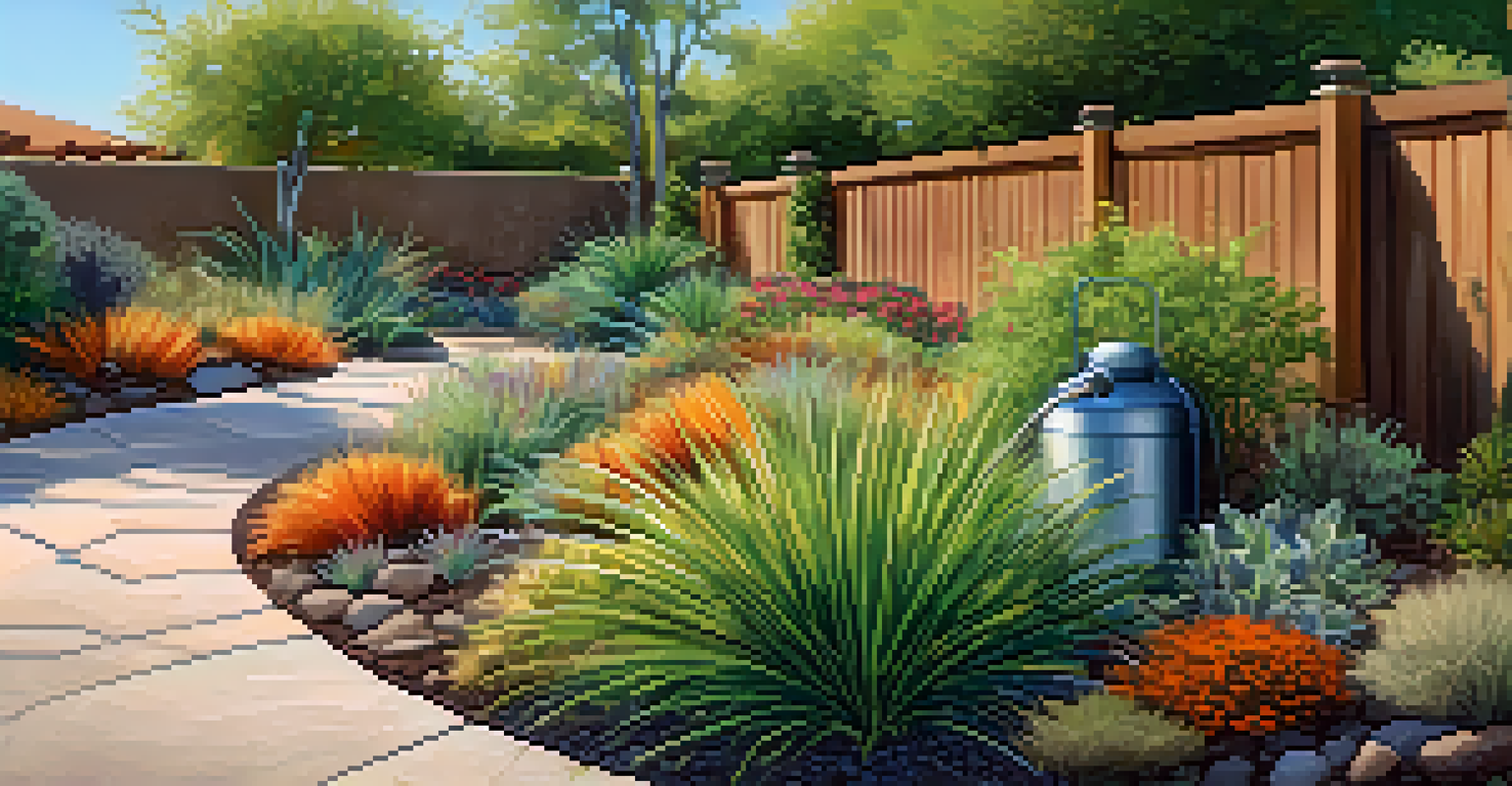 A drip irrigation system in a xeriscape garden with ornamental grasses and a rain barrel on a sunny day.