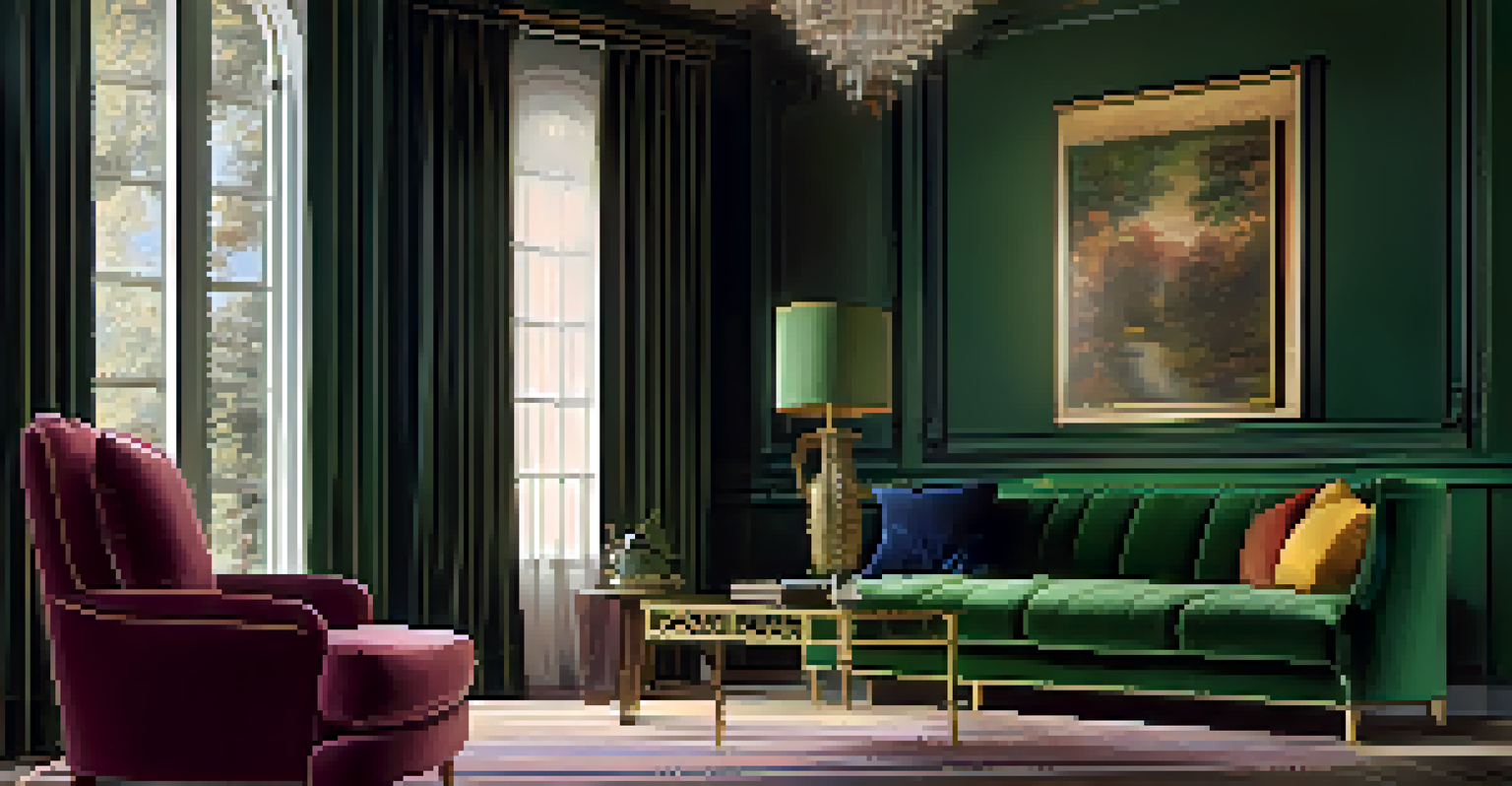An elegant living room corner with a vintage brass floor lamp beside a green velvet sofa, warm ambient lighting.