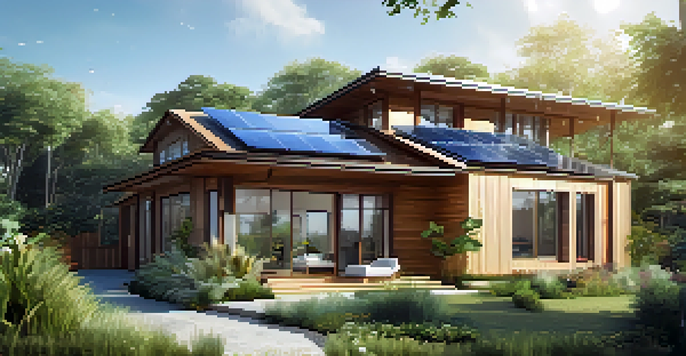 A contemporary eco-friendly house with solar panels, large windows, and a green garden, under a clear blue sky.