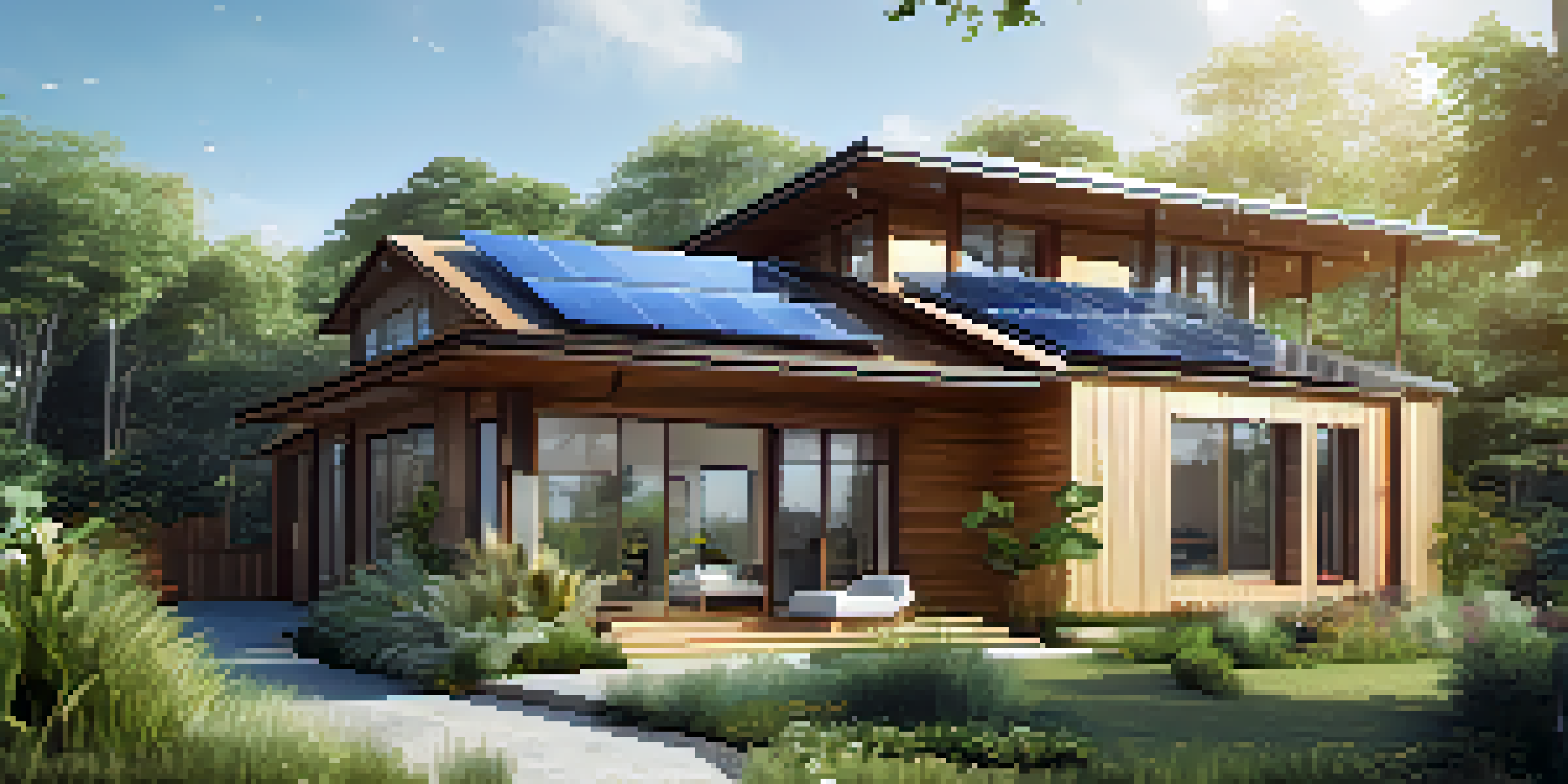 A contemporary eco-friendly house with solar panels, large windows, and a green garden, under a clear blue sky.