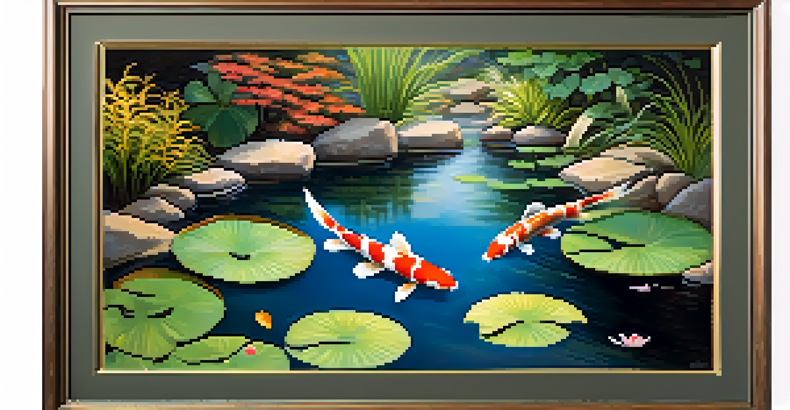 A colorful koi pond with lily pads and native plants in a sunny garden.