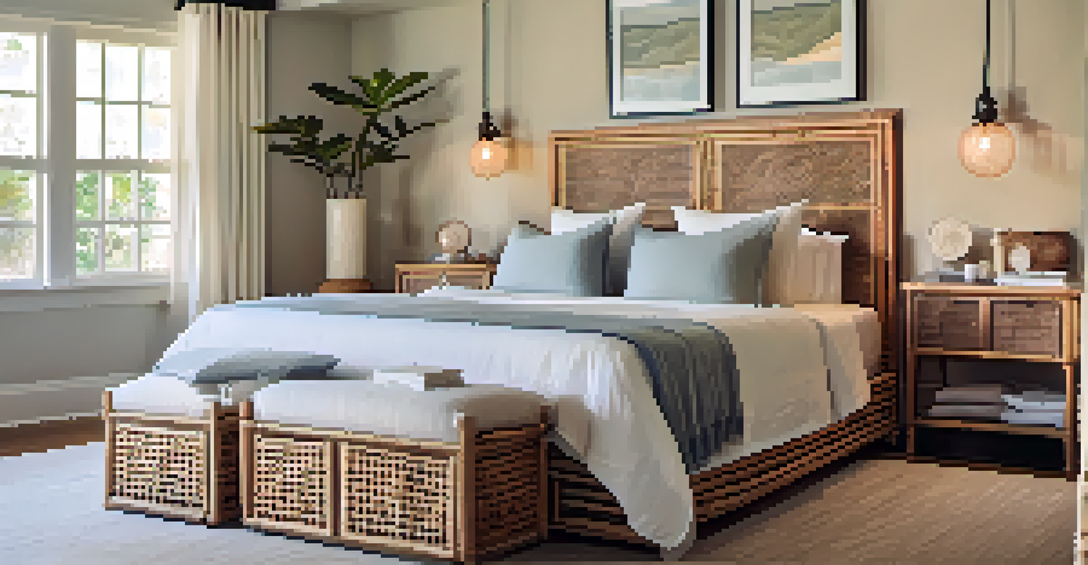A peaceful bedroom with a rattan headboard and decorative lamps, illuminated by soft morning light.