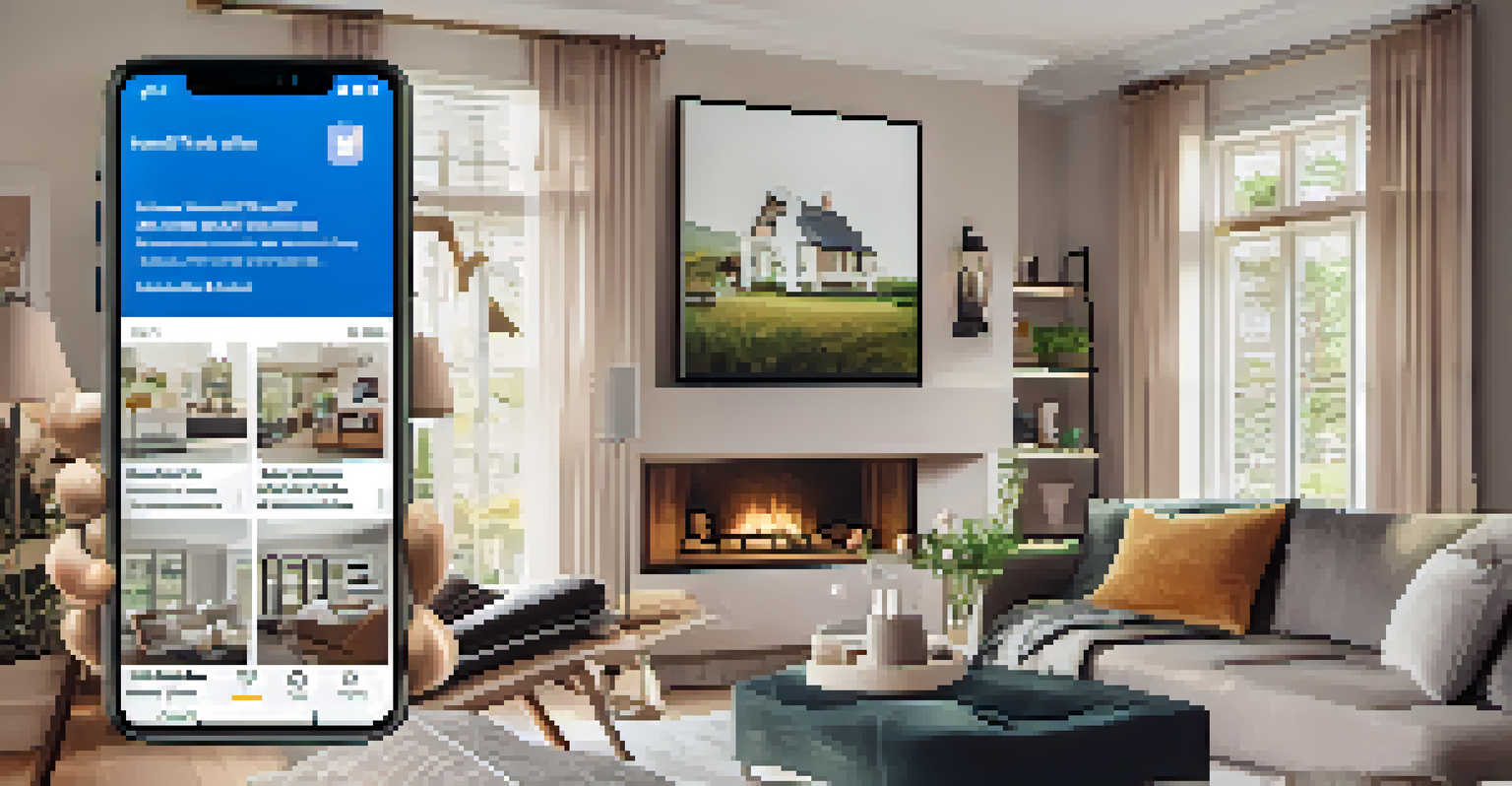 A smartphone displaying a colorful social media feed with real estate content in a cozy living room setting.