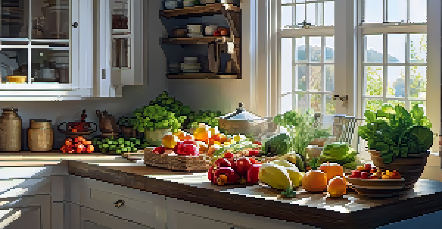 An inviting kitchen with a wooden table filled with fresh fruits and vegetables, illuminated by sunlight.