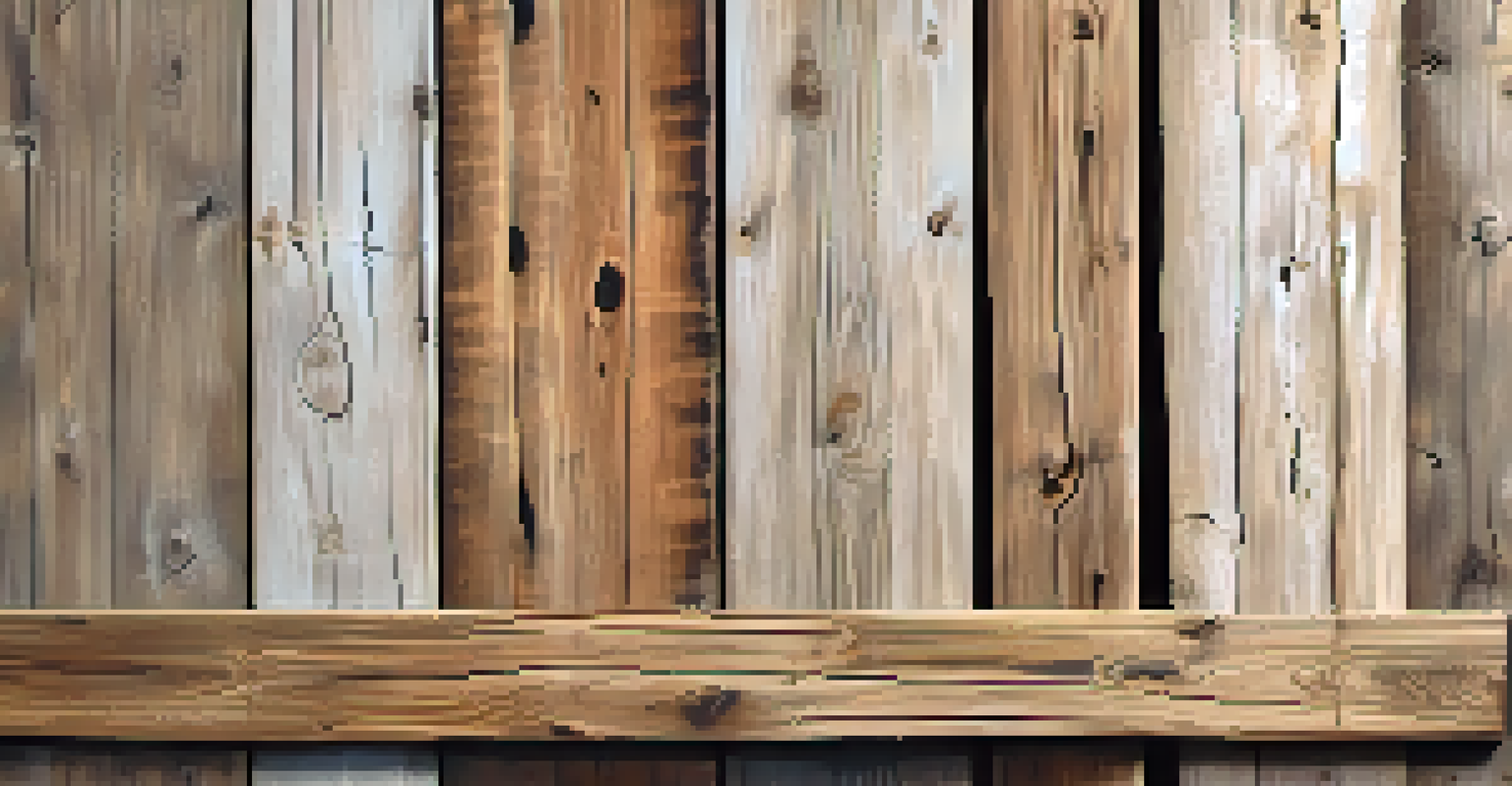 A close-up view of reclaimed wood planks displaying unique textures and knots against a neutral background.