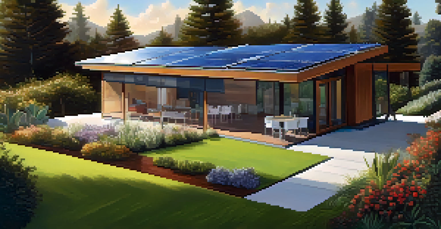 A modern house with solar thermal collectors on the roof under a clear blue sky, surrounded by a lush garden.