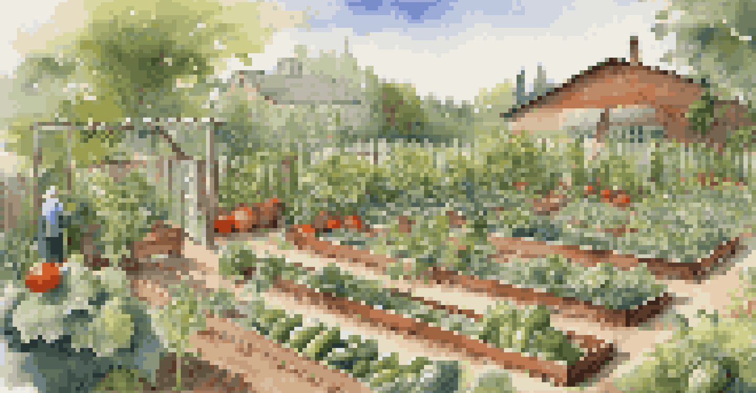 A summer vegetable garden with ripe tomatoes, zucchini, and cucumbers, and a gardener watering the plants in a sunny patch.