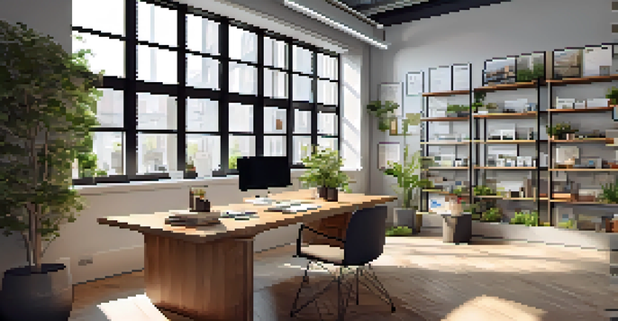 A modern office workspace with a wooden desk, a laptop, and property management brochures, illuminated by natural light from large windows.
