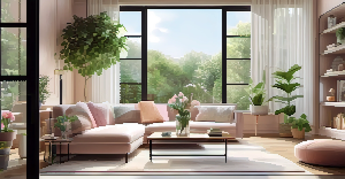 A bright modern living room with large windows and a tablet displaying a virtual tour, featuring a stylish sofa and potted plants.