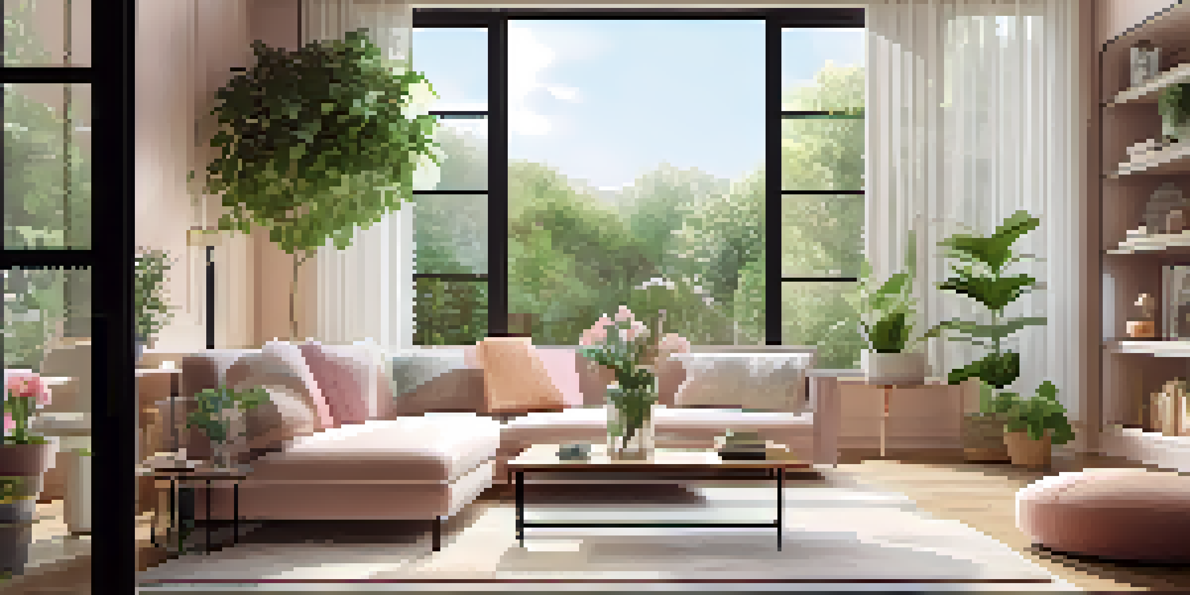 A bright modern living room with large windows and a tablet displaying a virtual tour, featuring a stylish sofa and potted plants.
