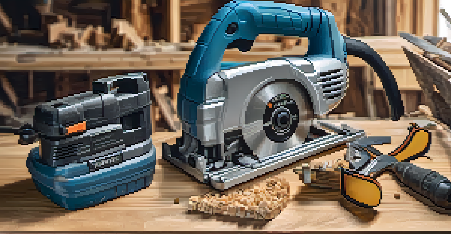 A close-up of a cordless drill and circular saw on a wooden surface, with wood shavings and safety gear around, brightly lit for emphasis.