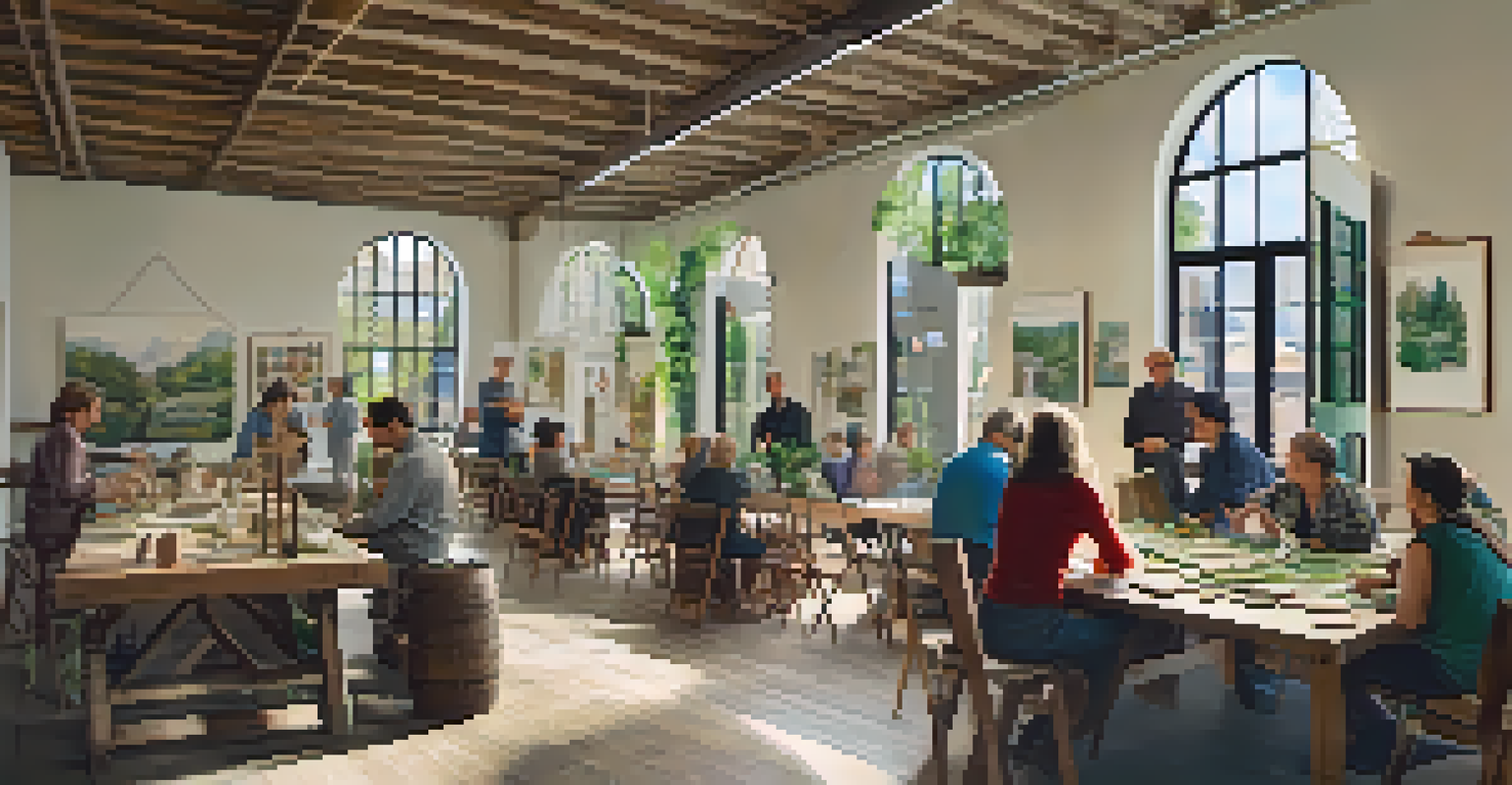 A community workshop in a historic building with participants discussing eco-friendly renovation techniques, surrounded by local artisans' crafts and sustainable materials.