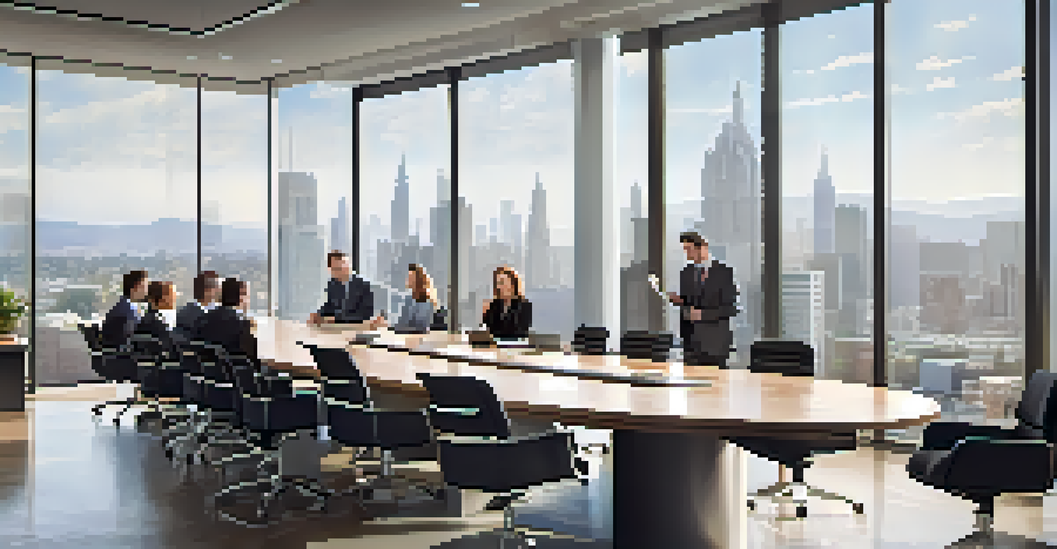 A modern office conference room where real estate professionals are discussing strategies around a large table, with city views visible through large windows.