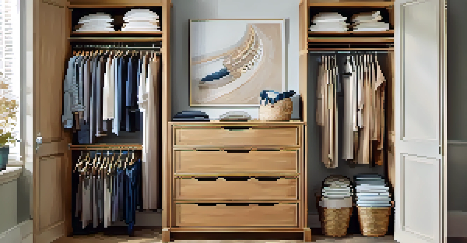 A well-organized closet with baskets, slim hangers, and a hanging organizer, illuminated by natural light.