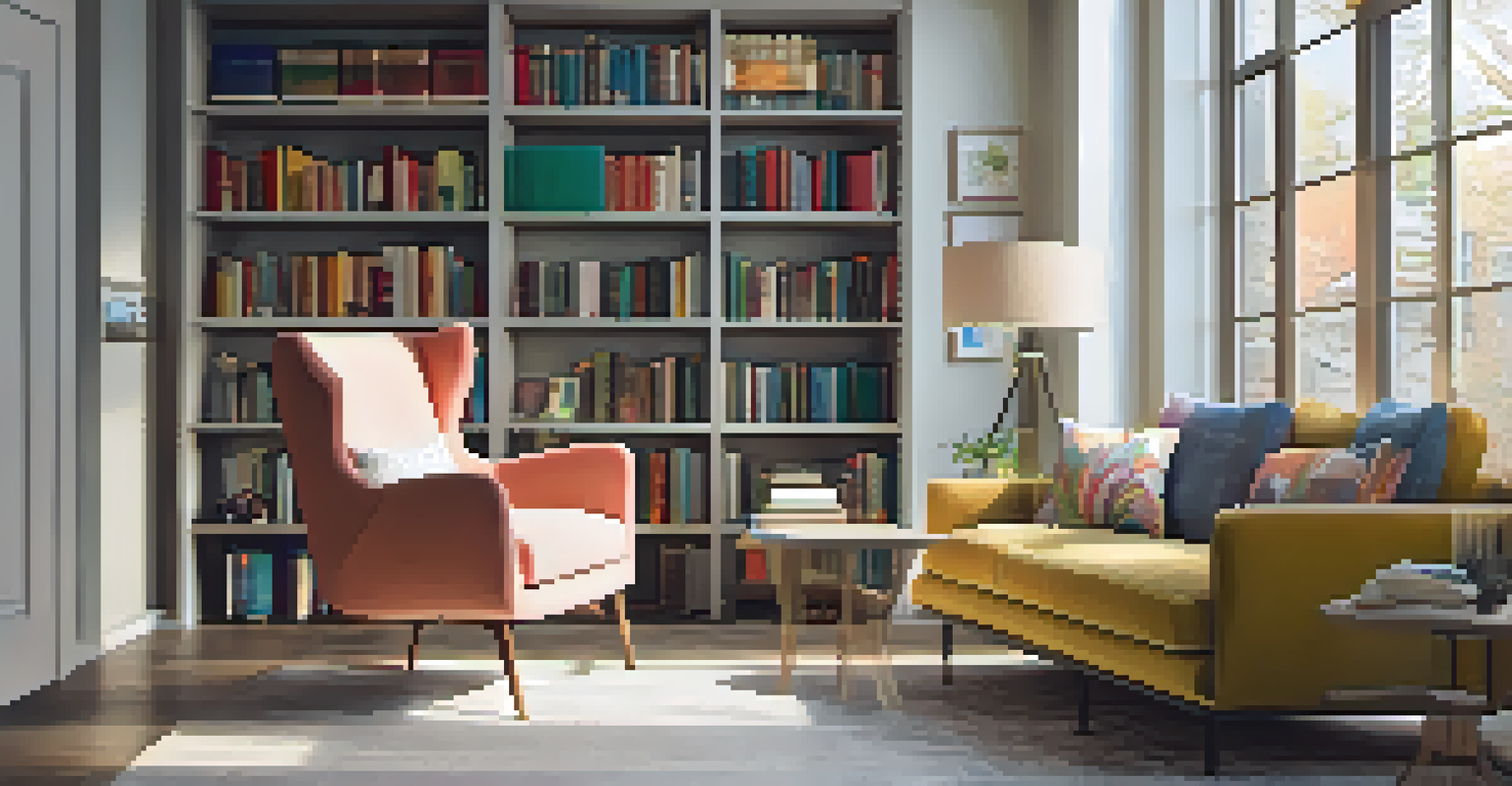 A cozy reading nook with a floor lamp and a plush armchair, surrounded by natural light and warm wall colors.