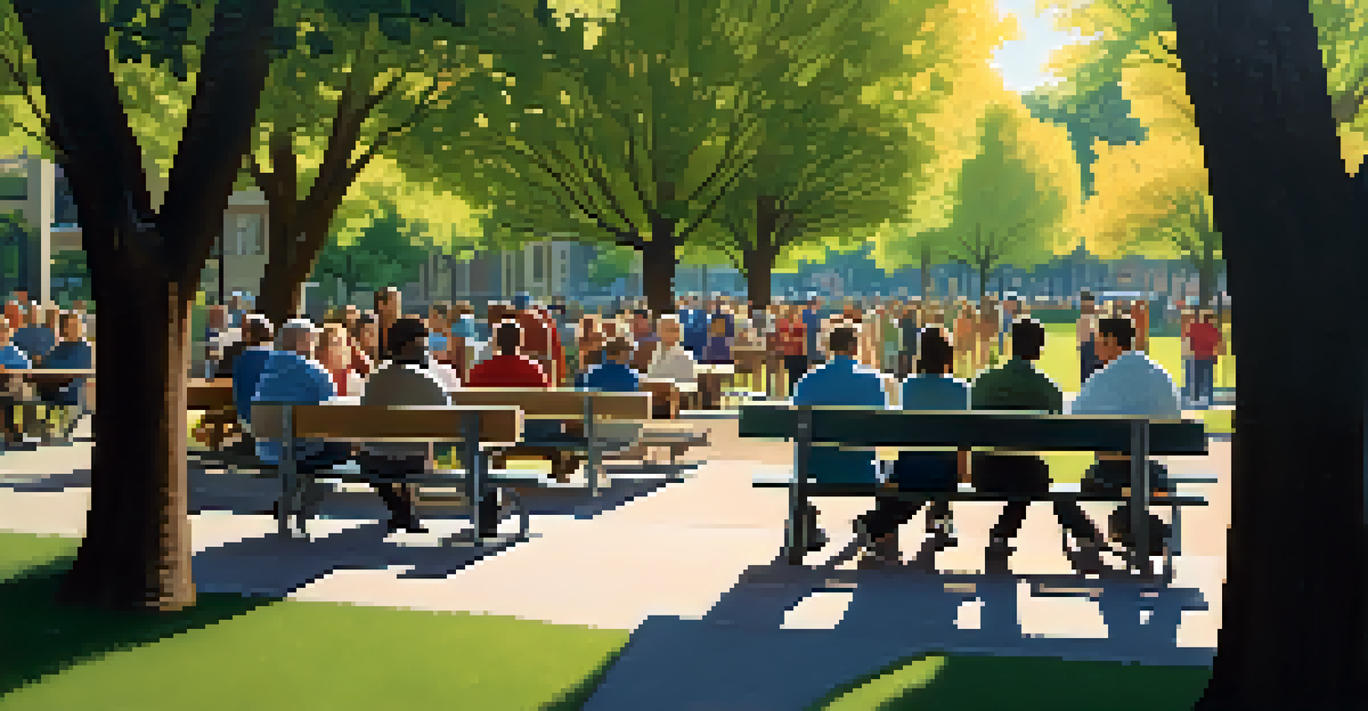 Residents gathered in a park discussing property tax rates during a community meeting.