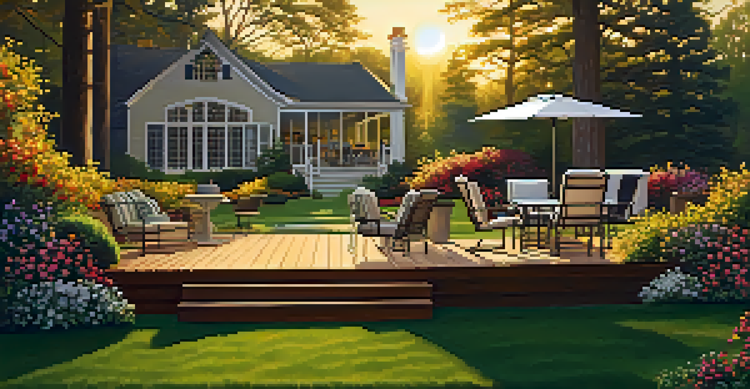 A beautiful backyard with a green lawn, flowers, a deck with furniture, and a sunset creating a warm glow.