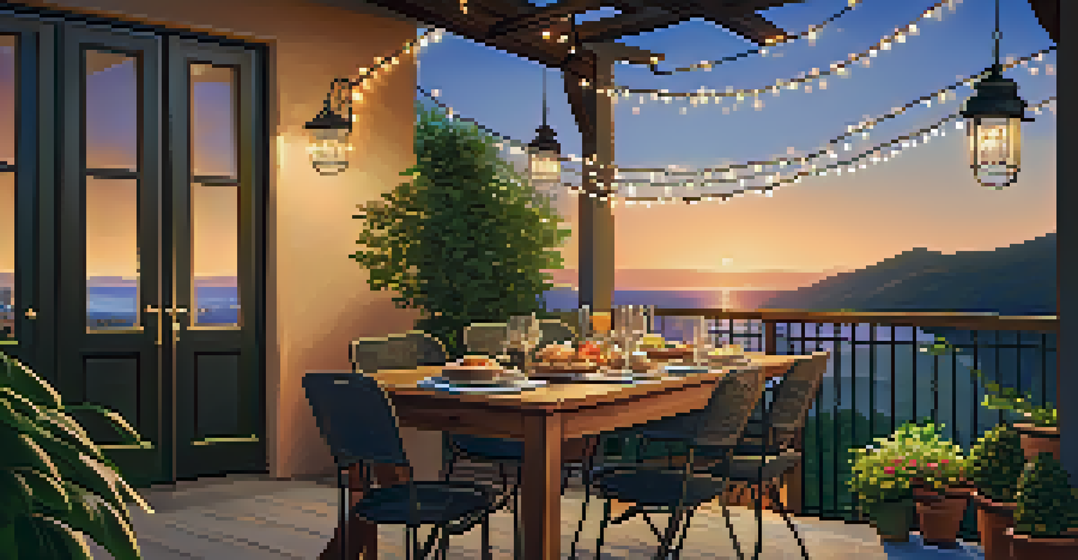 An outdoor patio with a dining table and string lights, overlooking a scenic view during sunset, creating a warm and inviting atmosphere.