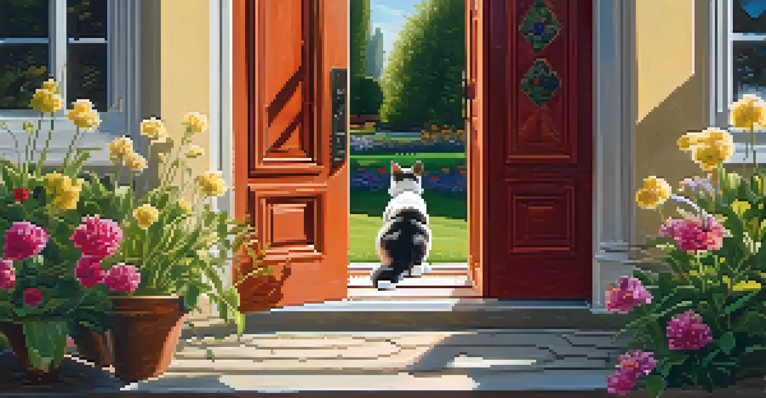 A cat peeking through a smart pet door in a garden.