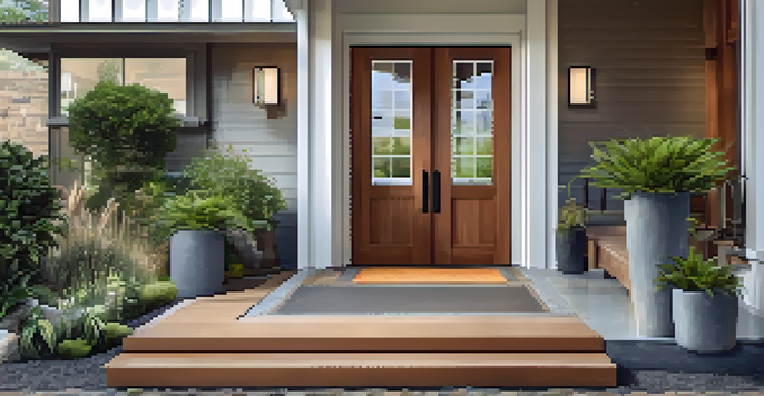 An accessible home entrance with a zero-step entryway and a gentle ramp, surrounded by plants and bright sunlight.