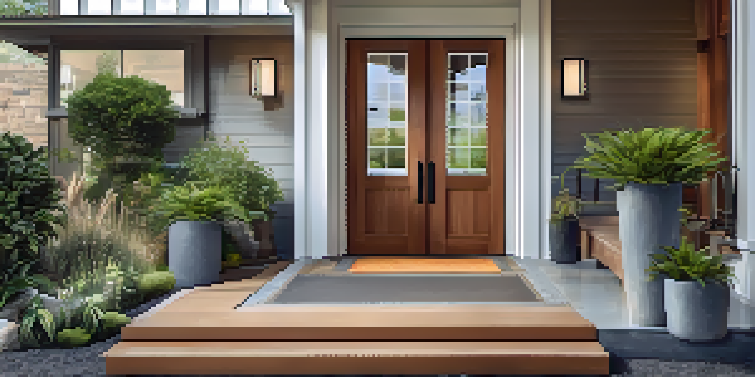 An accessible home entrance with a zero-step entryway and a gentle ramp, surrounded by plants and bright sunlight.